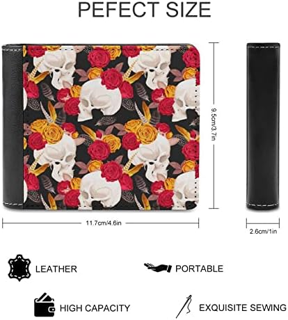 Skull and Flowers Mens Bifold carteira elegante dobra bolsas de design legais com bolso de 6 cartas