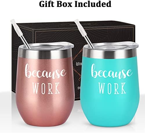 Qtencas Boss Day Gifts for Women, 2 pacote Porque o trabalho de vinhos de aço inoxidável de trabalho, presentes de chefe de Natal para o chefe Lady Lady Gag Líder feminina, presentes de escritório para colegas de funcionários da colega de trabalho, 12oz