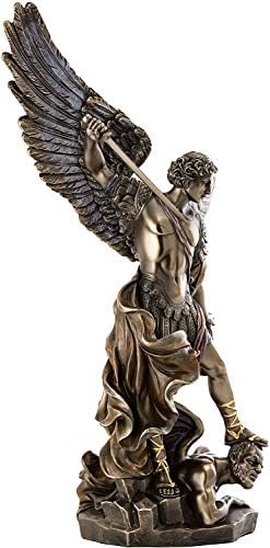 Projeto Veronese 14 1/8 polegada Arcanjo Saint Miguel Trample Demônio Escultura Religiosa Derrotando Lúcifer Resina Estátua Bronzeamento