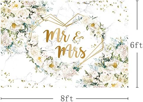 Aibiin 8x6ft MR e Sra. Floral Backdrop para Bridal Shower Flores brancas Dots de ouro Glitter Phobtograph Backgrou