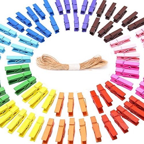 Qiorange mini colorido natural prendedores de madeira papel pino de pino de pin clipes com barbante de juta, 50 peças