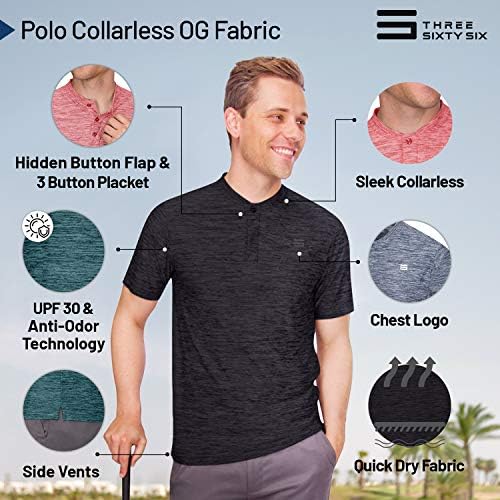 Três sessenta e seis camisas de golfe sem gola para homens-camiseta rápida de manga curta seca com tecido de 4 vias e