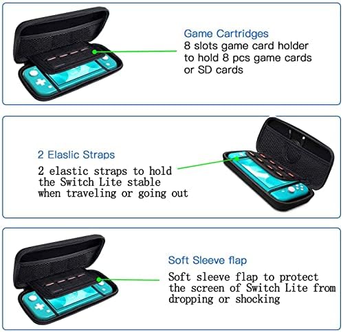 Kit de acessórios para Nintendo Switch Lite - pacote de acessórios Yoowa com estojo de transporte, estojo de cobertura protetora, protetor de tela de vidro temperado com 2 pacote, suporte de reprodução ajustável, 6 garras de polegar