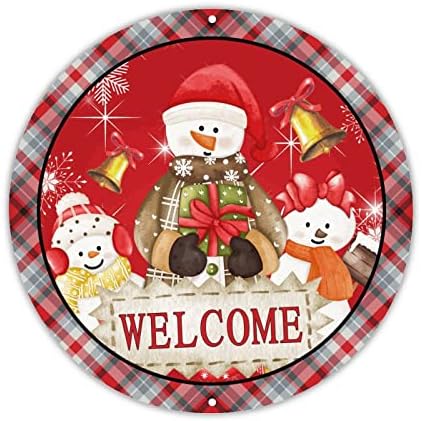 Decstic Welcome Sign Merry Christmas Bem -vindo ao Sign Metal Sign Bell boneca de neve búfalo sinal de xadra