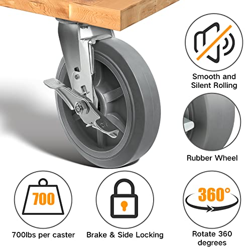 Handsammu 8x2 Rodas de rodízio para serviço pesado - rodas -rodízios industriais, rodas de borracha （piso plano) - Conjunto de 1 com capacidade de até 700 lb - Use para bonecas, bancada de trabalho