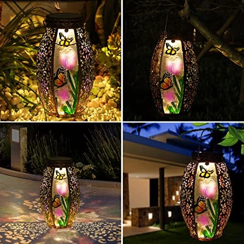 Lanternas solares Luz ao ar livre Luz - Luzes de vidro de borboleta LED de energia solar Luz de vidro Decorativa à prova d'água Lâmpada de mesa com design oco para o quintal de tabela de tabela interna Patio Garden Holiday Holiday