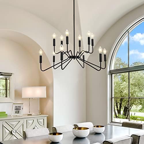 PEBLTO Modern Black Farmhouse Candelier, lustres industriais de vela rústica de 12 luzes, luminária de sala de jantar, lustres