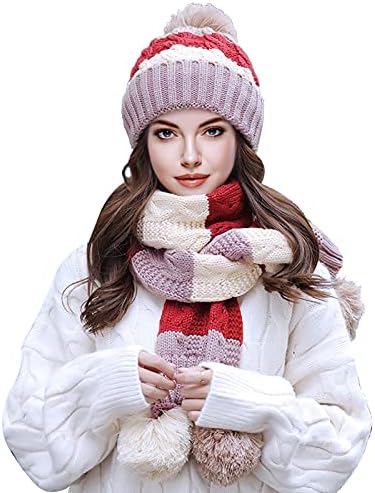 Mulheres garotas Knit Feanie Hat Hat Felt and Luves Set, lã de lã de inverno Chapéu de malha de gorro com pompom, meia luvas