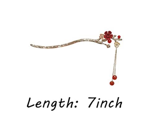 Metal Style Retro Tassel Hairpin, Plum Blossom Flower Tassel Sticks Sticks Handmade Hair Acessórios para Hanfu Cheongsam-Red
