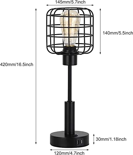 JS Nova Lvum de mesa industrial de Junas com porta USB, lâmpada de cabeceira com gaiola de arame de metal, lâmpada de mesa