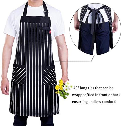 Aventais de Alipobo para mulheres e homens, avental de chef de cozinha com 3 bolsos e 40 laços longos, avental de babador ajustável para cozinhar, servir - 32 x 28 - Black/White Pinstripe - 1 PCS