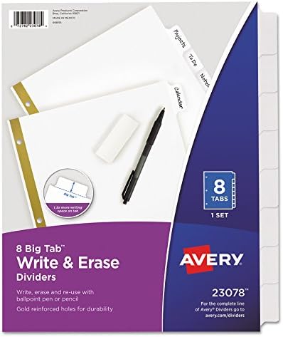 Avery 23078 Escreva e apagará os divisores de papel Big Tab, 8 de 8 delas, branco, carta