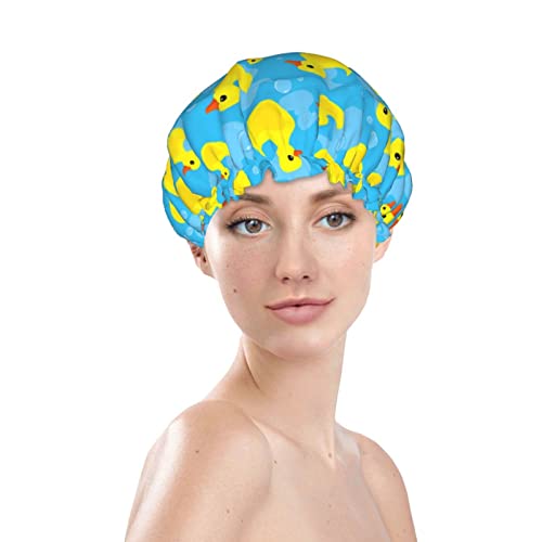 Campa de chuveiro de pato de borracha para mulheres camadas duplas reutilizáveis ​​Protetor de cabelo impermeável peva chapéu de chuveiro forrado para todos os comprimentos longos de cabelo, tampas de chuveiro ajustáveis ​​elásticas