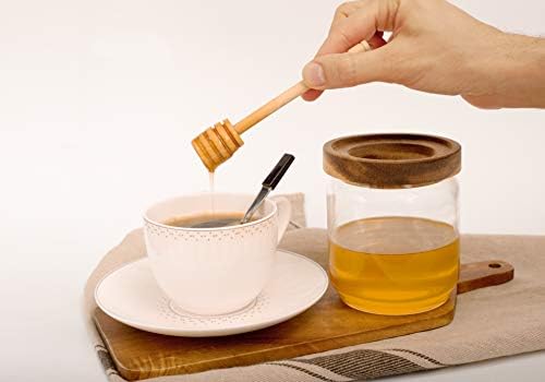 Distribuidor de vidro de jarra de mel conjunto com bastão de madeira de madeira e tampa de tampa de acacia para cozinha em