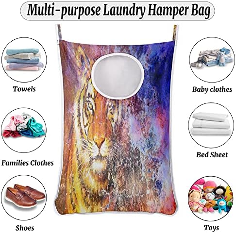 Colorido animal tigre com estampa de penduramento para lavanderia Saco de cesto, sobre a porta de lavanderia bolsa