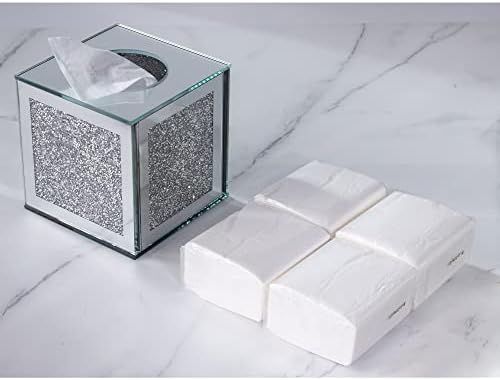 5,5 x 5,5 x 5,9 Caixa de papel de guardanapo de vidro feita à mão, preenchida com diamante de cristal brilhante, distribuidor de guardanapo de suporte de tecido com tampa de espelho, adequada para 4,7 d x 5 h tecidos dobráveis