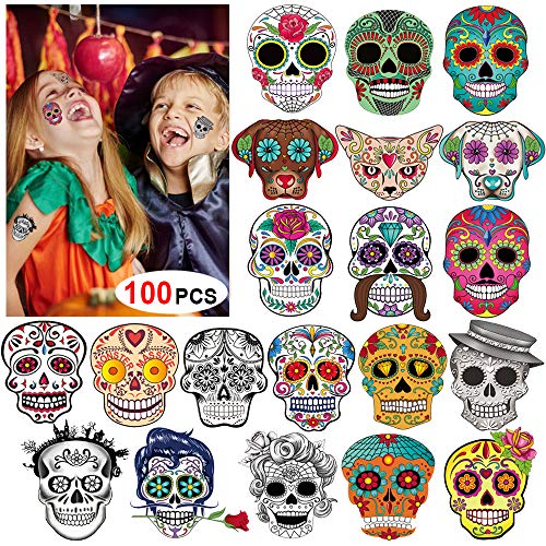 DIA DO DIA DO MORTO TATOOS DO CRINHO DE ADOMEÇO, Konsait Halloween Tattoos Tattoos Skull Skull Puppy Black Skeleton Web Roses Tatuagem para crianças meninos meninos Festas de Halloween mexicanas