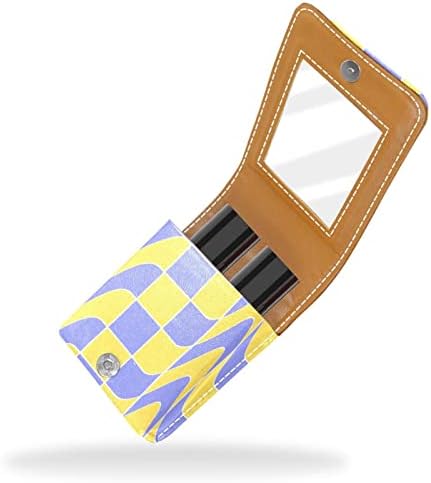 Bolsa de batom de batom de maquiagem de oryuekan com espelho portátil de armazenamento de batom portátil Organizador de armazenamento de brilho labial, quadro -xadrez 3D Purple amarelo adorável