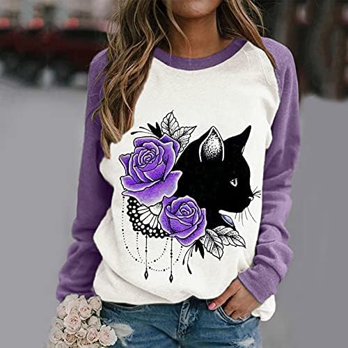 Camisetas para mulheres Padrão de gato floral romântico Raglan Raglan manga longa Pullover Crew Neck Fashion Fashion Casual Blouse