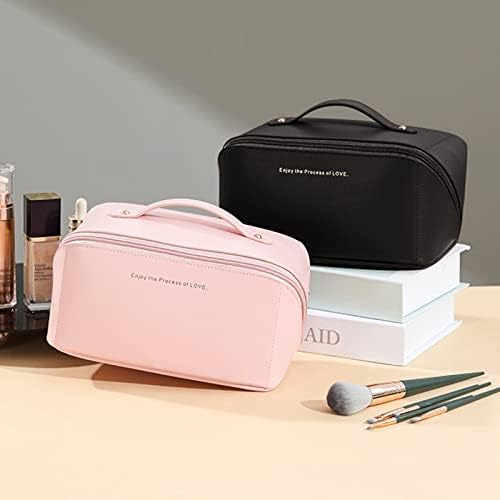 Bolsa de maquiagem portátil de Le Futur, abre bolsa de beleza plana para cosméticos higiênicos lápis à prova d'água de couro