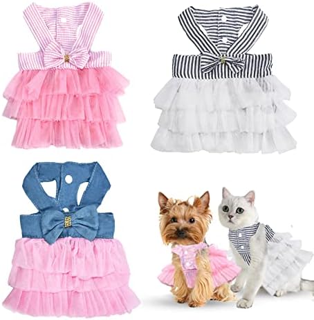 Vestido de cachorro de estimação Puppy Cats Tutu Fanche fofo Mesh listrado colete princesa Petite Doggy Bowknot vestidos