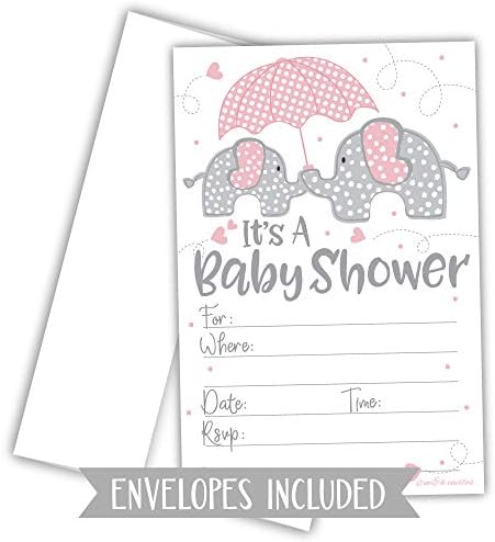 Convites de chá de bebê com menina de elefante rosa com envelopes