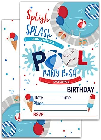 Invites de aniversário com envelopes, conjunto de 20, convite de aniversário da piscina, material de decoração de festa de aniversário para crianças adultos adultos