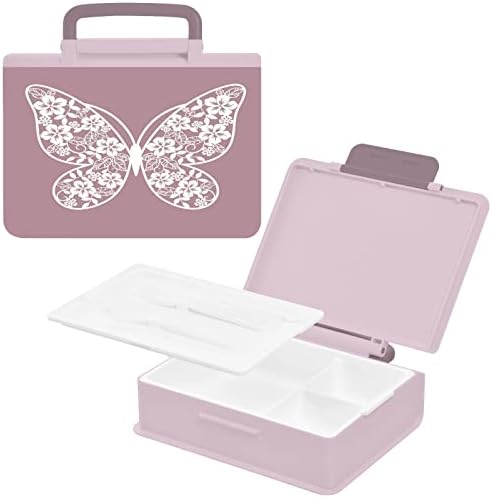 Kigai Butterfly Floral Wings Lunch Bogue Recipiente de 1000ml Bento Caixa com Forks Spoon 3 Compartamentos Recipientes de Armazenamento de Alimentos Para Adultos, Rosa