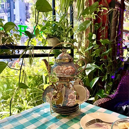 20 peças Tea Tea Set com suporte de metal, conjunto de chá de cerâmica europeu para adultos, conjunto de chá de flores,