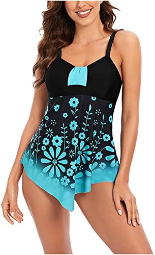 lcepcy feminino plus size tankini swimdress com boyshorts, duas peças fofas estampas florais vestido de banho vistos de banho de pescoço