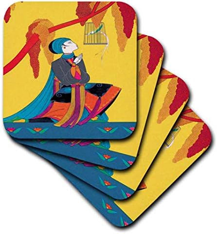 Impressão 3drose de Art Oriental com Birdcage - Coasters macios, conjunto de 4