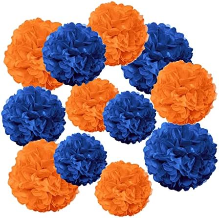 CC Zona País das Maravilhas Azul e laranja Pom Pom Poms, Pom Pom Pom Pom Poms, decorações penduradas, decorações azuis de festa laranja