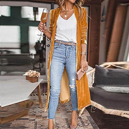 Long Velvet Cardigan Womens Casual Party Trench Coat Lantern Sleeve Soft Open Front Frontwear Windbreaker com bolso