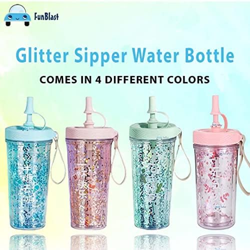 Funblast Sipper Bottle - Garrafa de água para meninas, garrafa de glitter para garotas de glitter com palha - caneca de copo, caneca sipper - caneca de café com tampa hermética e elegante garrafa de água - 400 ml