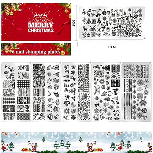 Xeaohesy 6pcs kit de estampa de estamper de prego de natal pratos de estampagem de unhas para unhas santa santafisflake árvore