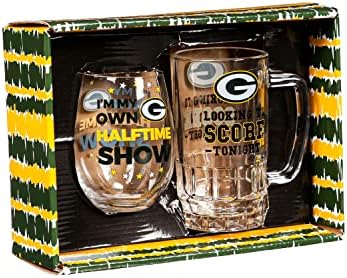 Equipe Sports America NFL Green Bay Packers, Glass de vinho sem haste de 17 onças e caneca de cerveja 16 oz Conjunto com caixa | Mantém