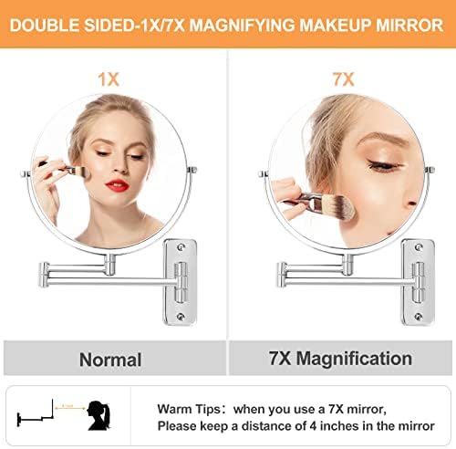 FFOWCYCEE 9 Montagem de montagem de parede espelho de maquiagem de maquiagem, espelho de maquiagem de dupla lateral 1x/7x
