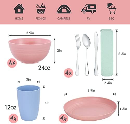 28pcs Kitchen Wheat Streaw Dinnerware Conjuntos, placas de palha de trigo e conjuntos de tigelas para 4, calhas de faca de placas do dormitório