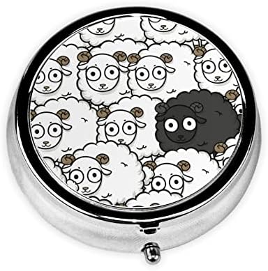 Caixa de comprimidos de ovelha branca preta de desenho animado, caixa de comprimidos redondos de metal, caixa de comprimidos