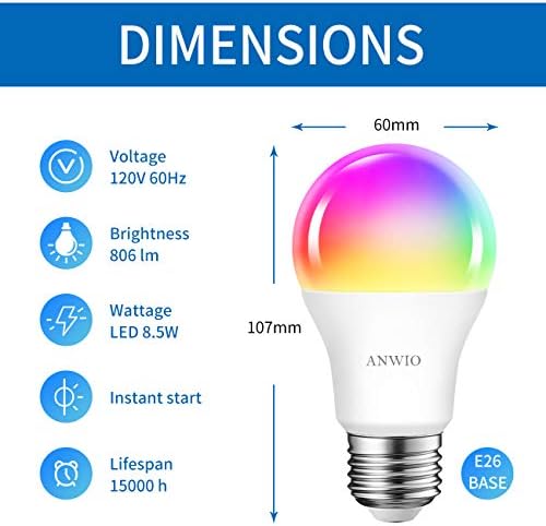 Lâmpadas inteligentes de 4-pacote ANWIO A19 8.5W, B11 Smart Candelabra LED BASE BASE E12, Trabalhe com Alexa, Google