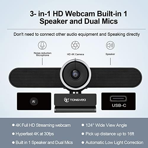 Tongveo 4K Webcam Conference Room Camera com microfone e alto -falante, Câmera de vídeo Câmera de vídeo Ampla Angular AI Auto Offing