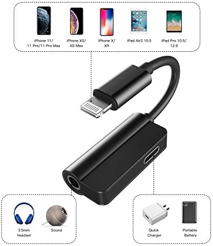 Adaptador de fone de ouvido Compatível com raios a 3,5 mm AUX Audio Jack e Charger Dongle fone de ouvido Splitter Compatível