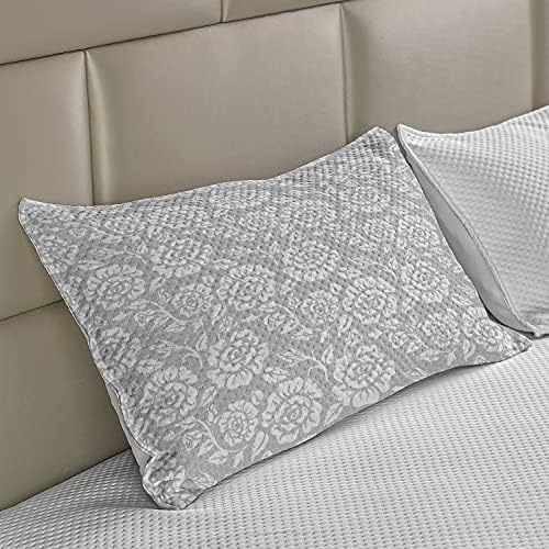 Ambesonne Grey malha colcha de travesseira, broto floral folhas padronizes em inglês estilo country impressão de renda