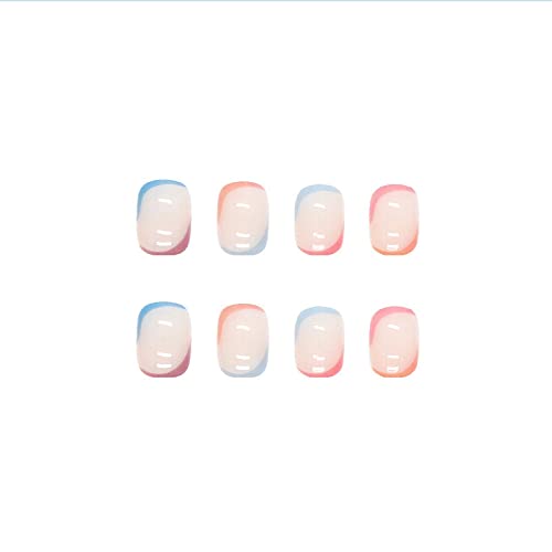 Misud Pressione curta na unhas quadradas unhas falsas esboço acrílico unhas cola brilhante em unhas designs coloridos de ponta francesa unhas falsas 24 pcs