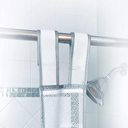 Skywin 1 revestimento de chuveiro com bolsos, caddy de chuveiro de malha pendurado - 57 x 6 polegadas com 7 bolsos, tecido de malha de poliéster , cinta de velcro ajustável, cortina de chuveiro de bolso
