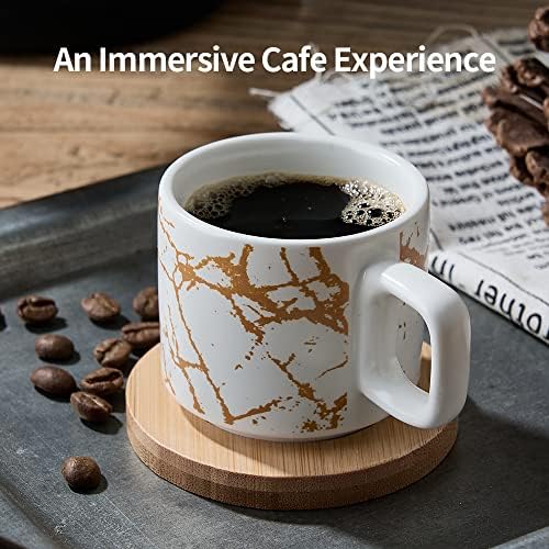 Luka Porcelain Espresso Cup com pires e suporte de metal, 4 onças empilhável Ceramic Demitasse Espresso Copos de canecas para