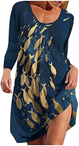 Iqka Women T-shirt Dress Dress Floral Manga longa o pescoço casual até o joelho solto mini vestidos de turno curto