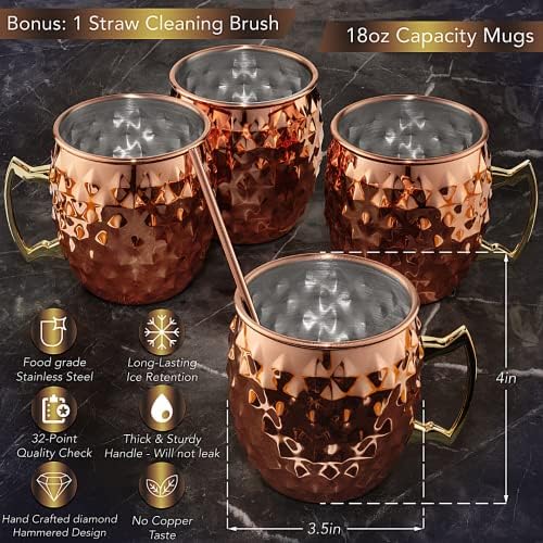 Canecas de cobre Conjunto de mula de Moscou de 4 - 18oz Moscou Mule Canecas - revestimento de aço inoxidável Copo de cobre puro Moscou copos de mula - design martelado de diamante - copos de mula de Moscou Conjunto de 4 com palha e escova de palha