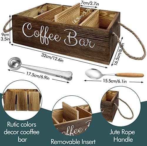 Organizador da estação de café - Organizador de café de madeira com 3 divisores removíveis, cesta de armazenamento do portador de café com colher de café, suporte para a estação de café para decoração de café, amante de café