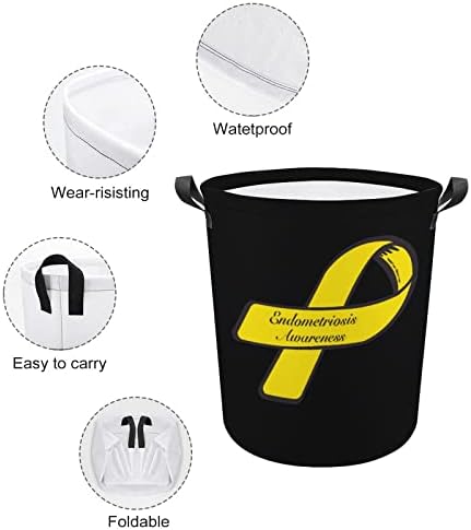 Amarelo Ribbon Endometriose Consciência Cesta de Lavanderia com alças Round Round Round Collapsível Cesto de armazenamento de lavanderia para o banheiro do quarto